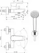 Badearmatur von Ideal Standard mit flexibler Handbrause, Einhebelmischer und abgerundeten Kanten. Technische Skizze zeigt Maße und Anschlüsse.
